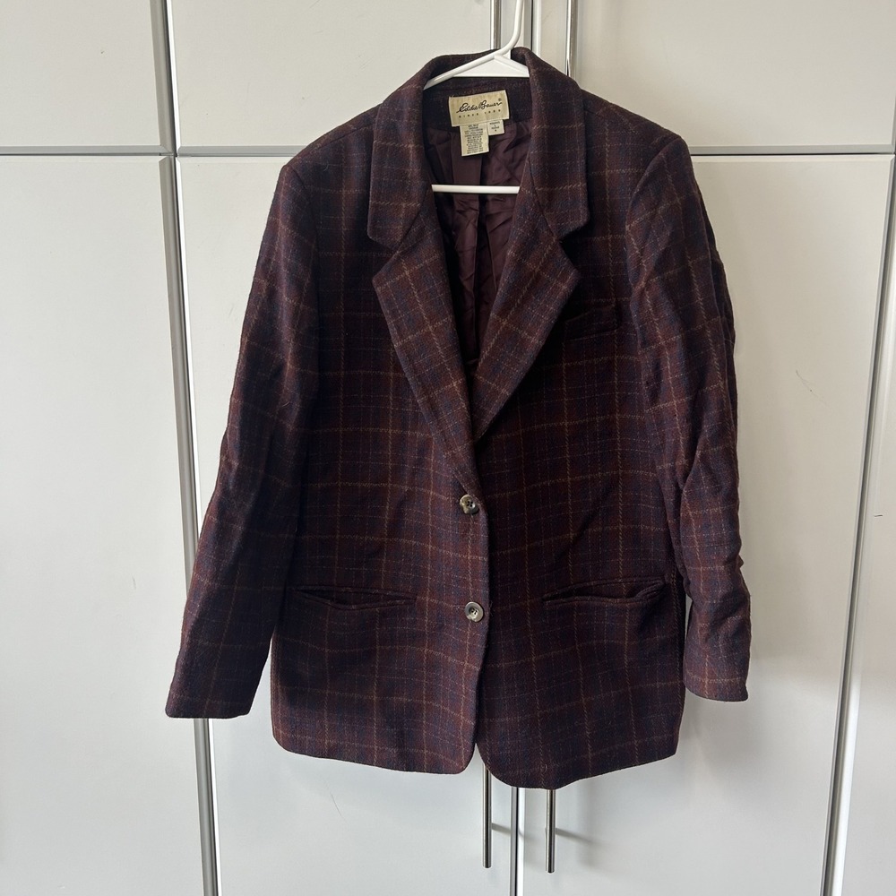 Eddie Bauer Womens Vintage 100% Wool Plaid Blazer Jacket Burgundy Blue Large